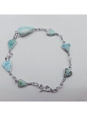 Triangle-Cut Larimar Gemstone Bracelet Sterling Silver Chain 8 Inches